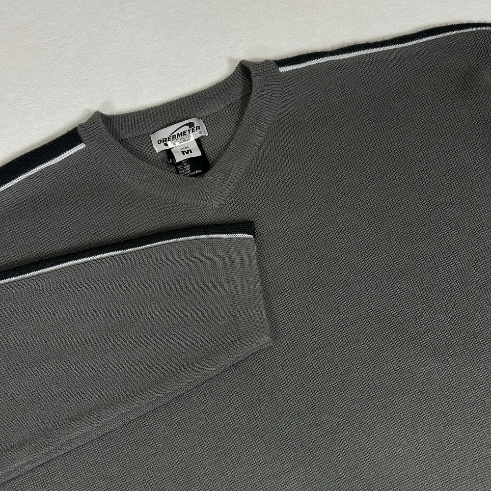 VTG Obermeyer Men's Medium Gray‎ Ian Ski Sweater Retro Striped Wool Blend V Neck